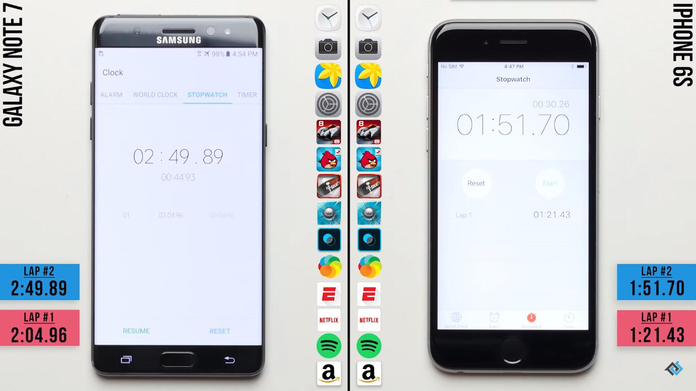 三星Note7与苹果iPhone6S运行速度对比