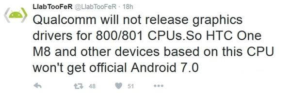 HTC One M8将不会获得这次安卓7.0系统的更新