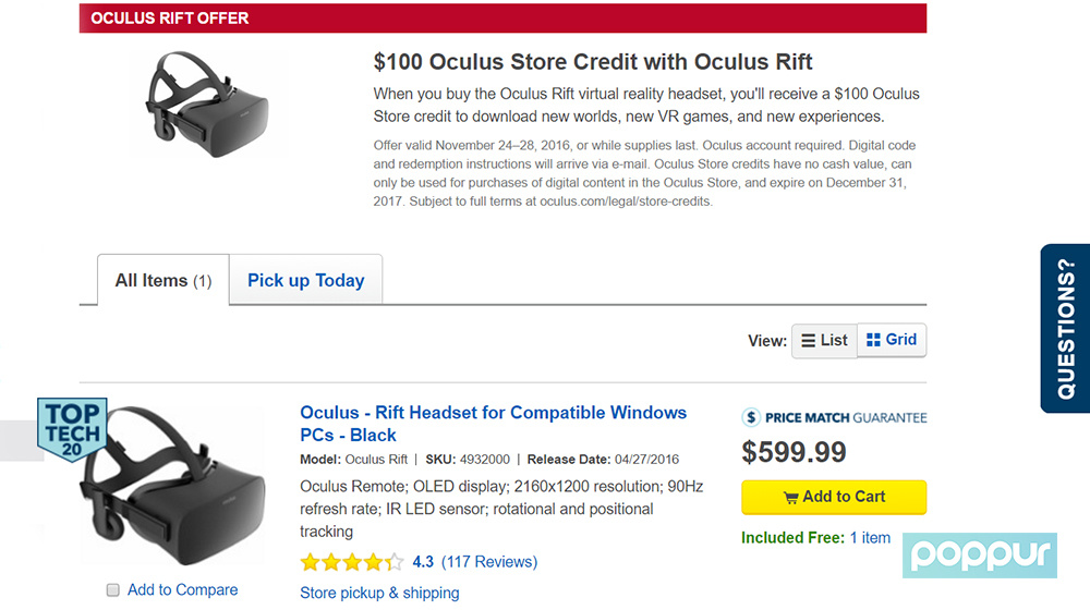 买Oculus Rift即获100$Oculus Store代金券