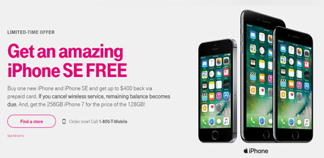 美国TMobile大促销，购买任意型号iPhone即可获赠iPhone SE