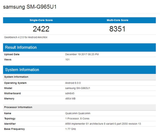 三星S9+手机骁龙845跑分出炉,对比苹果A11差