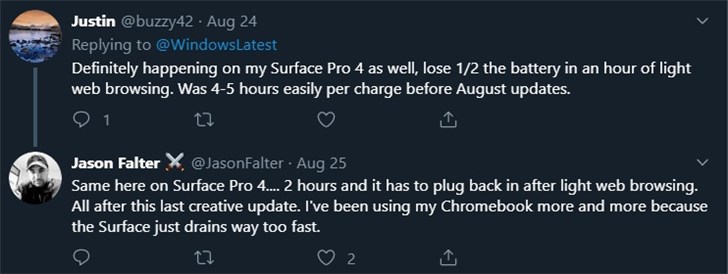 Surface Laptop 2 / Pro 4更新后续航下降