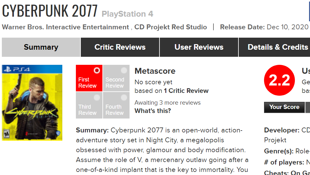 《赛博朋克 2077》主机版评分低