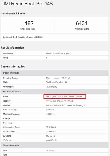 RedmiBook Pro 14S现身，Ryzen 7 5700U跑分被泄露