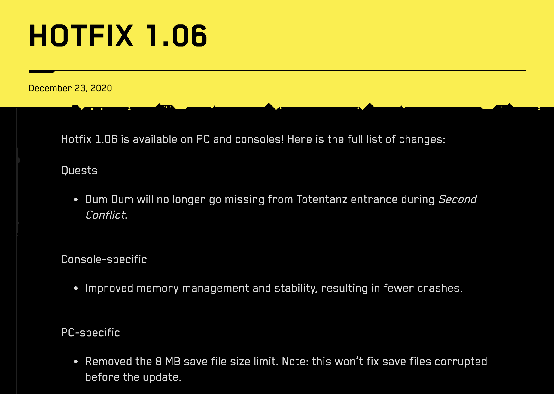 《赛博朋克2077》V1.06推送：改善崩溃问题，移除存档限制